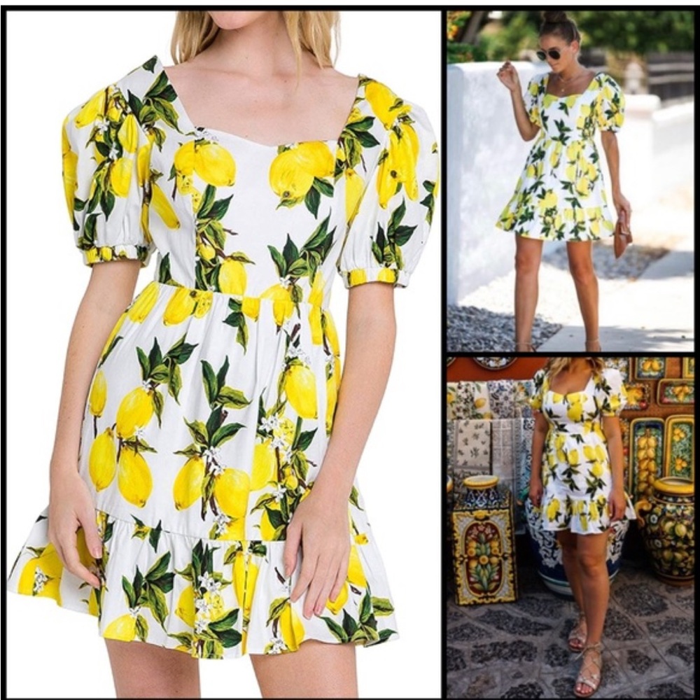 English Factory Tuckernuck Lemon Puff Sleeve Ruffle Dress size small